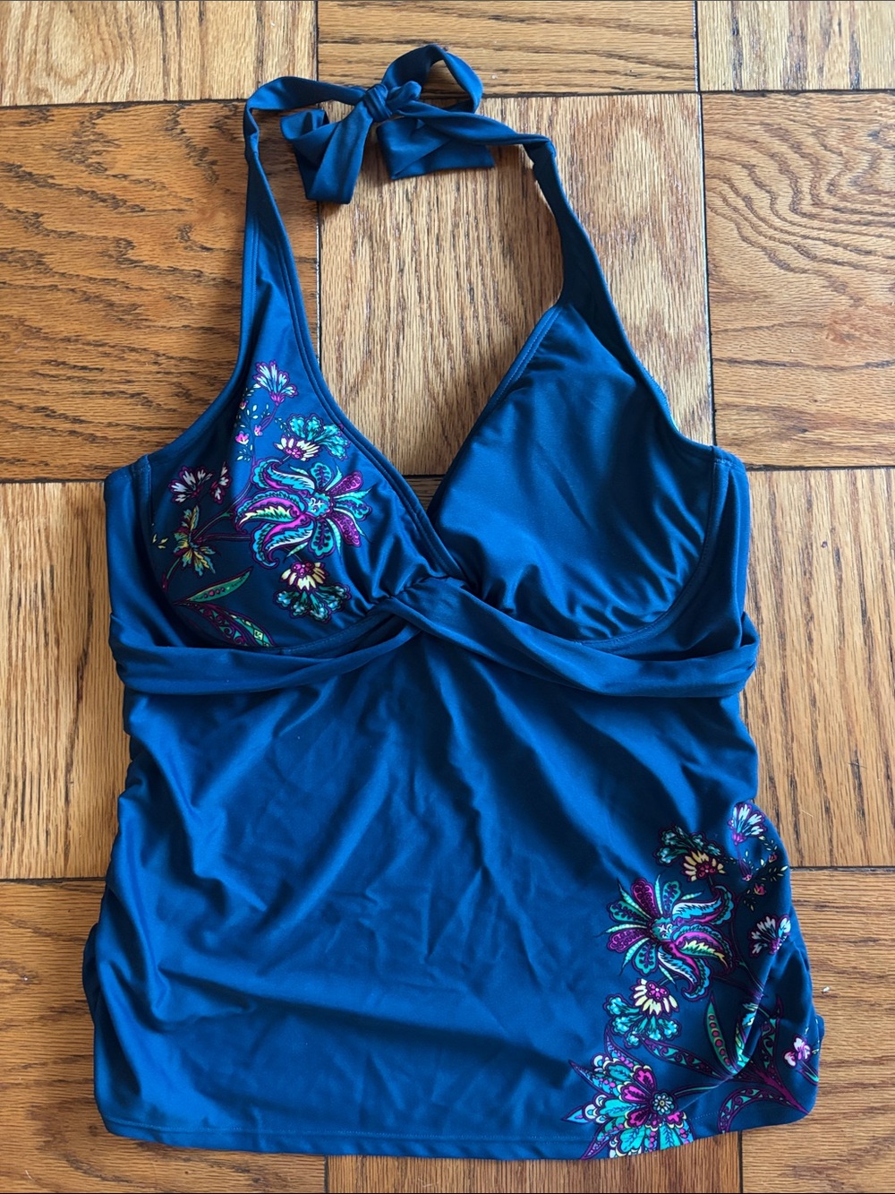 Athleta Underwire Padded Swim Top Dark Teal Floral Halter Size 38B/C Tall